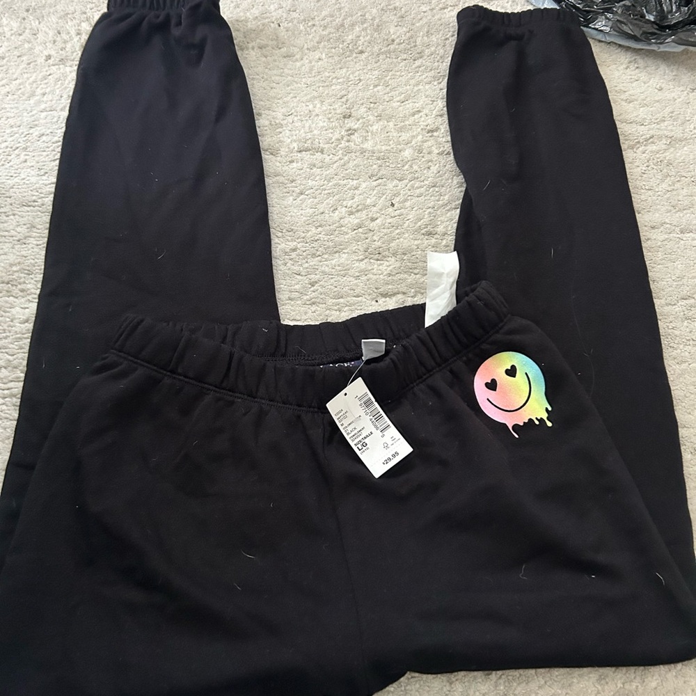 The Children’s Place Kids Black Sweatpants with Rainbow Smile Graphic NWT